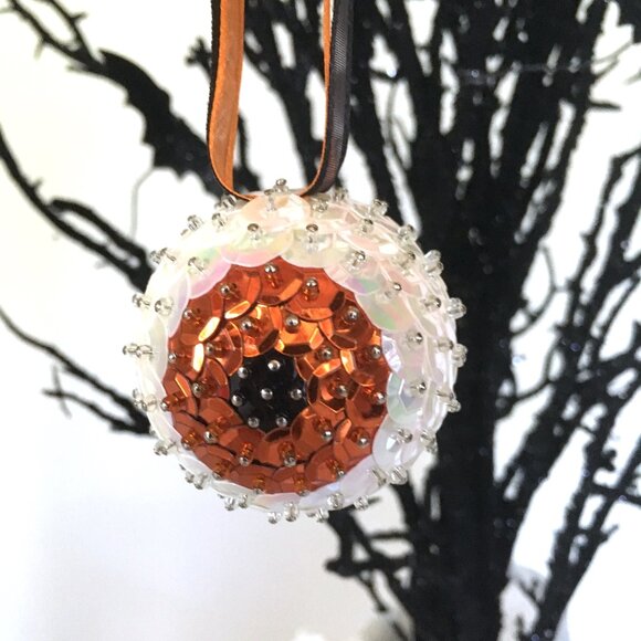 Christmas Eyeball Ornament Glam Sparkle Sequin Beaded Halloween OOAK Orange - Picture 5 of 10